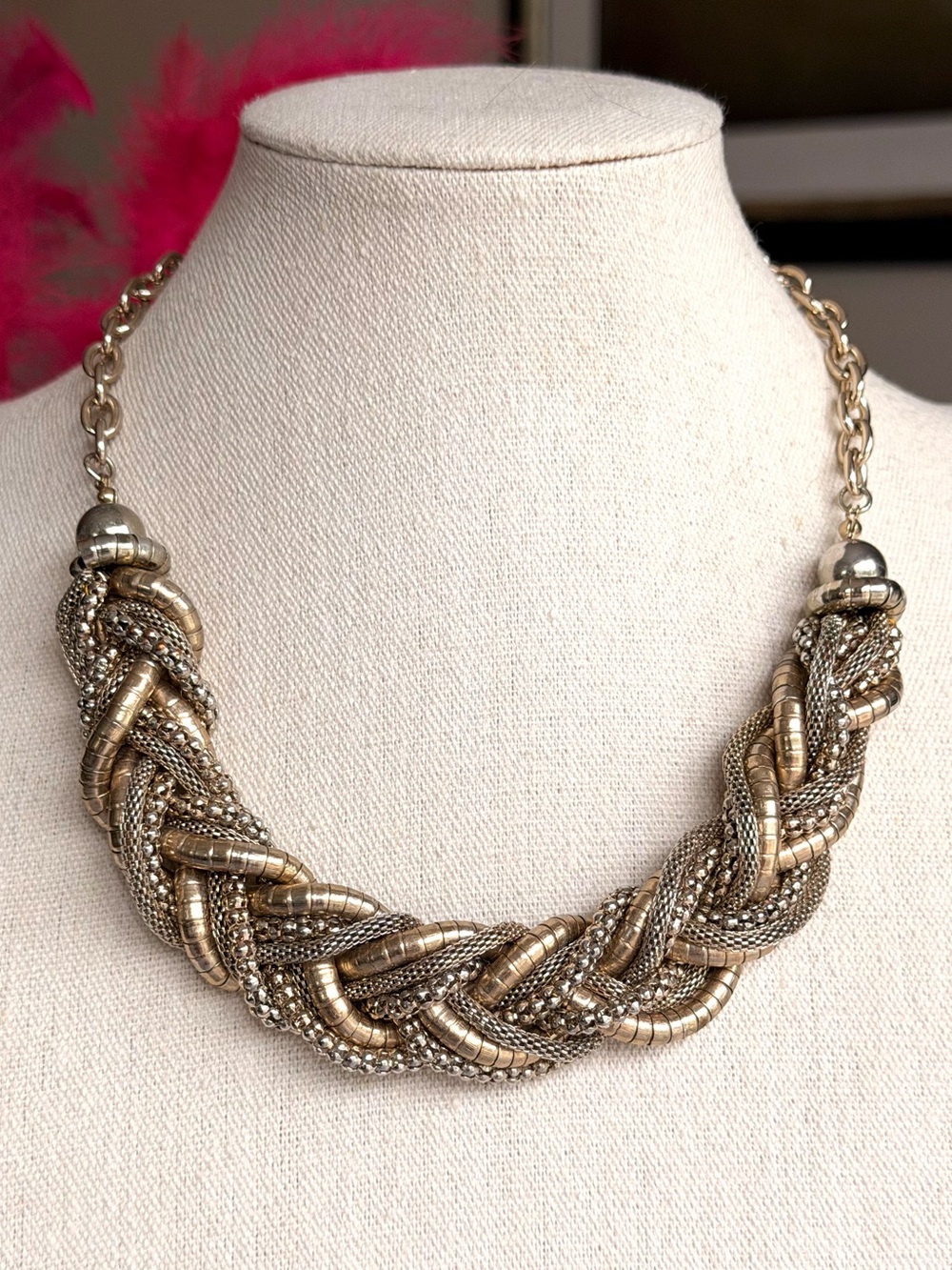 The Limited Braided Mixed Chain Statement Necklace Silver Gold Mesh 18.5-21.5”
